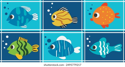 Tile pattern with fish. Vector pattern with fish alternating on tiles.