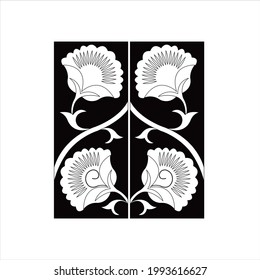 Motivo floral de tejas dispuestas en cuadrado sobre color negro sobre fondo de color blanco.