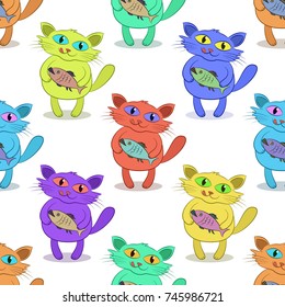 Tile Pattern, Funny Cartoon Colorful Cat with Fish, Isolated on White Seamless Background. Vector