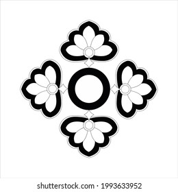 Tile pattern graphic lotus flower arranged around circle in black color lines on white color background.