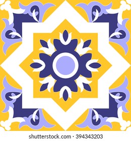 Tile pattern isolated design vector texture. Mexican Talavera, Portuguese tiles, Azulejo, spanish, italian or moroccan ornaments. Blue, yellow and white tiled pattern seamless