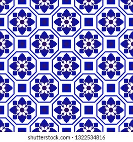 tile pattern, Porcelain background, blue and white  Portuguese vintage flower ornament, Mosaic tiled texture element in center frame. Azulejo, mexican talavera, spanish ceramic, moroccan motifs