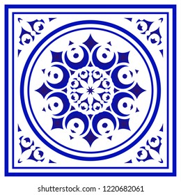 tile pattern, Porcelain decorative background design, blue and white floral decor vector illustration, Big ceramic element in center is frame, beautiful ceiling backdrop damask and baroque style