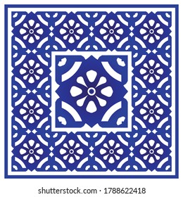 tile pattern, Porcelain decorative carpet background, blue and white floral decor vector illustration, Big ceramic element in center is frame, beautiful ceiling backdrop damask and baroque style