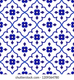 tile pattern, Porcelain flower background design, cute ceramic floral blue and white seamless decor vector illustration