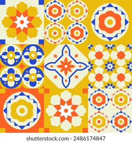 Patrón de azulejos en el estilo portugués. Los colores azul, amarillo brillante y naranja crean una sensación de verano y un sentimiento mediterráneo. Perfecto para cubiertas, Fondos de pantalla, decoración, productos de papel y más