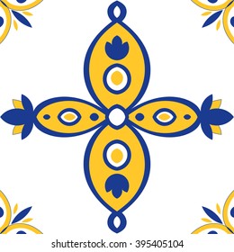 Tile pattern seamless blue, yellow and white colorful Azulejo portuguese tiles, moroccan or spanish ornaments.