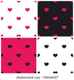 Tile pattern set with hearts on black, white and pastel pink backgrounds