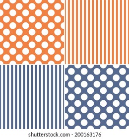 Tile pattern set with white polka dots and stripes on sailor navy blue and orange background