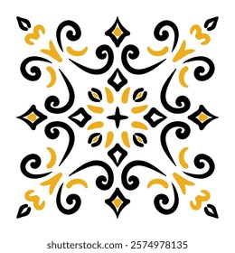 Tile pattern with unique design with elegant swirls and bold shapes in black and yellow. vector illustration