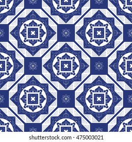 Tile pattern vector with blue white diagonal ornaments. Portuguese azulejo, mexican, spanish, dutch delft motifs. Tiles floor design. Background for wallpaper, surface texture, wrapping or fabric.