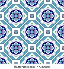 Tile pattern vector with diagonal ornaments. Portuguese azulejo, mexican, spanish, moroccan motifs. Tiles floor design. Background for wallpaper, surface texture, wrapping or fabric.