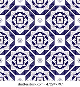 Tile pattern vector with diagonal ornaments in indigo blue white colors. Portuguese azulejo, mexican, spanish, moroccan motifs. Tiles floor background.