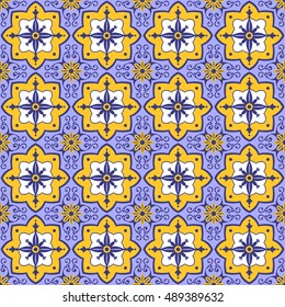 Tile pattern vector seamless with flowers motifs. Azulejo, portuguese tiles, spanish, moroccan, italian majolica or arabic tiles design. Tiled print for wrapping, background or ceramic.