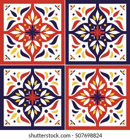 Tile Pattern Vector Seamless With Flowers Motifs. Azulejo Portuguese Tiles, Spanish, Moroccan, Italian Majolica Or Arabic Tiles Design. Tiled Print For Wrapping, Background Or Ceramic.