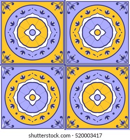 Tile pattern vector seamless with white, blue and yellow colors. Azulejo portuguese tiles, spanish, moroccan, italian majolica or arabic tiles design. Tiled print for wrapping, background or ceramic.