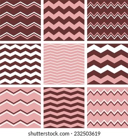 Tile pink, brown and white vector pattern set with zig zag background