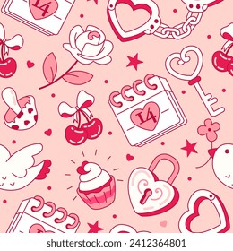 Tile pink pattern. Love aesthetic. Heart shaped doodles decoration. Light pink tone fabric, wrapping paper, seamless background, all over design. Hand drawn, not AI