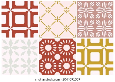 Tile portugal flower seamless pattern. Dusty rose color geometric background. Traditional azulejo repeat ornament. Vector monochrome pattern.Abstract vintage print for fabric,packaging.Scrapbook paper