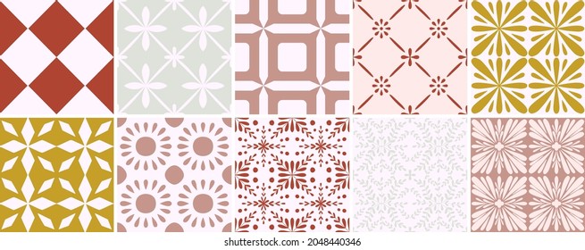 Tile portugal flower seamless pattern set. Geometric background. Traditional azulejo repeat ornament. Vector monochrome pattern collection. Abstract vintage print for fabric,packaging.Scrapbook paper