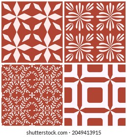 Tile portugal flower seamless pattern set. Red color geometric background. Traditional azulejo repeat ornament. Vector monochrome pattern collection.Abstract vintage print, fabric,packaging,Scrapbook