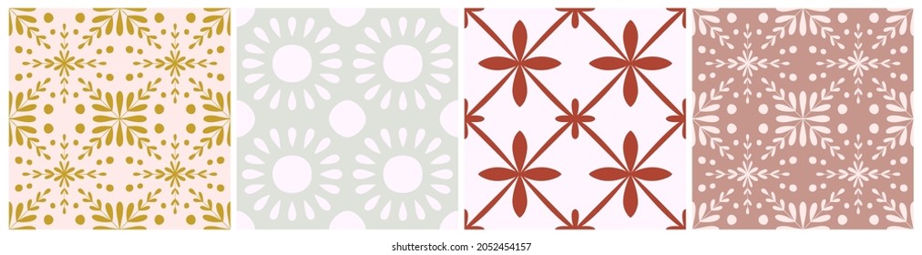 Tile portugal flower seamless pattern set. Geometric background. Traditional azulejo repeat ornament. Vector monochrome pattern collection. Abstract vintage print for fabric,packaging.Scrapbook paper