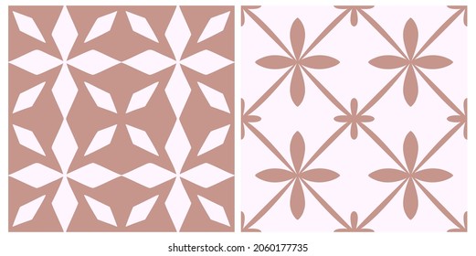 Patrón de flor marrón portugal. Fondo geométrico de color rosa polvoriento. Ornamento de repetición de azulejo tradicional. Patrón monocromo vectorial.Impresión abstracta de vintage para tela,embalaje.Papel de cartón