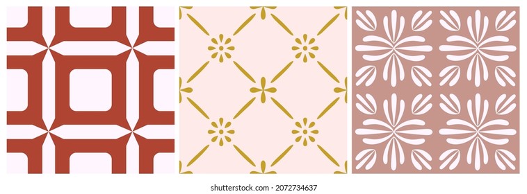Tile portugal flower seamless pattern set. Geometric background. Traditional azulejo repeat ornament. Vector monochrome pattern collection. Abstract vintage print for fabric,packaging.Scrapbook paper