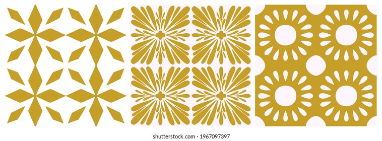 Tile portugal seamless pattern set. Gold color floral geometric background. Traditional azulejo repeat ornament. Vector monochrome pattern.Abstract vintage print for fabric,packaging,floor. Wrapper