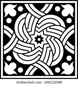 Tile in Portuguese or Andalusian style, Azulejo, Mediterranean style, square vector illustration, black on white isolated