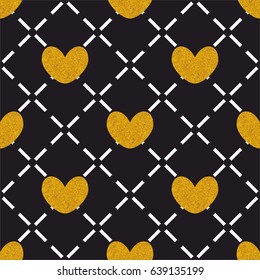 Tile quilted vector pattern with golden hearts on black background