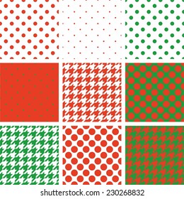Tile red, green and white vector pattern set with polka dots and houndstooth background