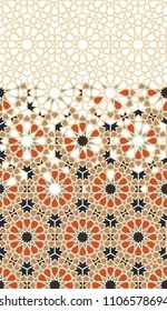 Tile repeating vector border. Geometric halftone pattern with colorful arabesque disintegration in orange, beige and dark blue colors