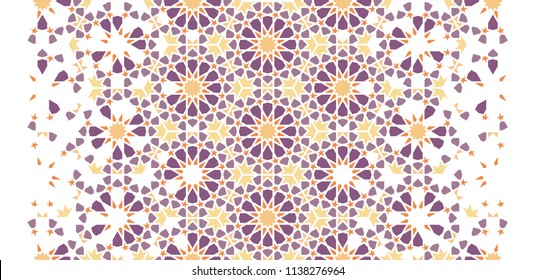 Tile repeating vector border. Geometric halftone pattern with colorful arabesque disintegration