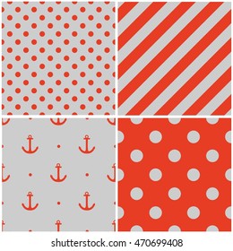 Tile sailor grey and red vector pattern set with polka dots and zig zag stripes
