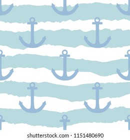 Tile sailor vector pattern with anchor on navy blue and white stripes background