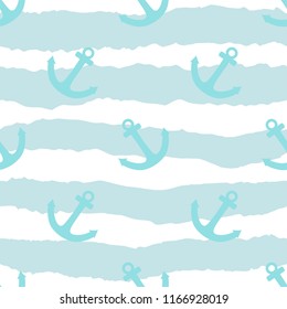 Tile sailor vector pattern with anchor on  blue and white stripes background