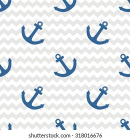 Tile sailor vector pattern with anchor on white and grey stripes background