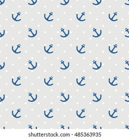 Tile sailor vector pattern with anchor and polka dots on pastel grey background