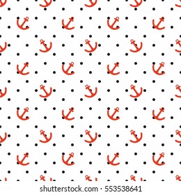 Tile sailor vector pattern with black polka dots and red anchor on white background