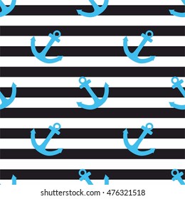 Tile sailor vector pattern with blue anchor on black and white stripes background