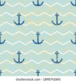 Tile sailor vector pattern with gold stripes, mint green background and blue anchor for seamless decoration wallpaper