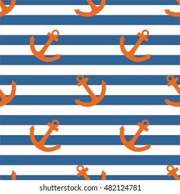 Tile sailor vector pattern with orange anchor on navy blue and white stripes background