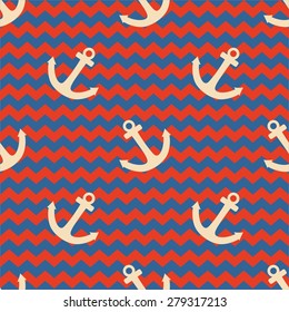 Tile sailor vector pattern with pastel anchor on red and navy blue stripes background