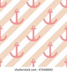 Tile sailor vector pattern with pink anchor and white stripes on pastel background