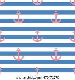 Tile sailor vector pattern with pink anchor on navy blue and white stripes background