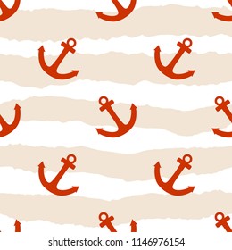Tile sailor vector pattern with red anchor on pink white stripes background
