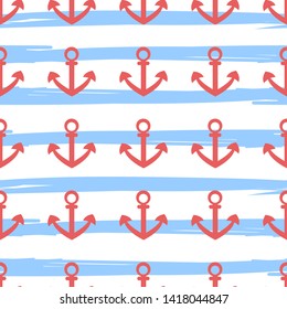 Tile sailor vector pattern with red anchor on blue and white stripes background