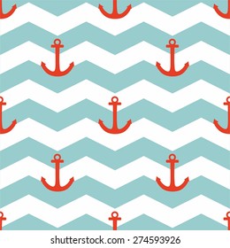 Tile sailor vector pattern with red anchor on white and blue stripes background