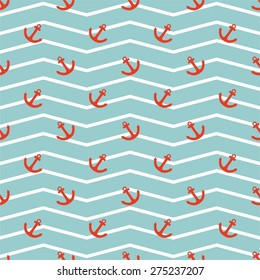 Tile sailor vector pattern with red anchor on white and mint green stripes background for summer decoration wallpaper